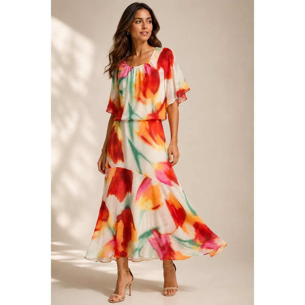 Maggy London Women Dress 10 Cream Coral Polyester Floral Popover Midi Flutter